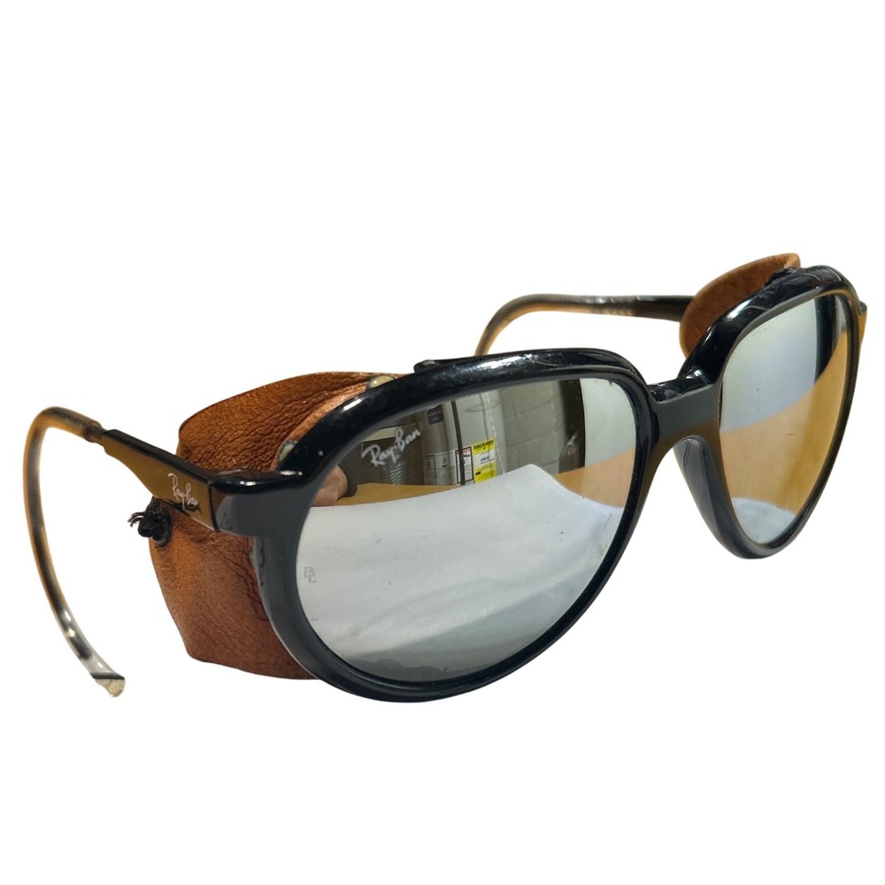Vintage Ray-Ban Glacier Sunglasses Black Leather Side Shields Silver Mirror Lens